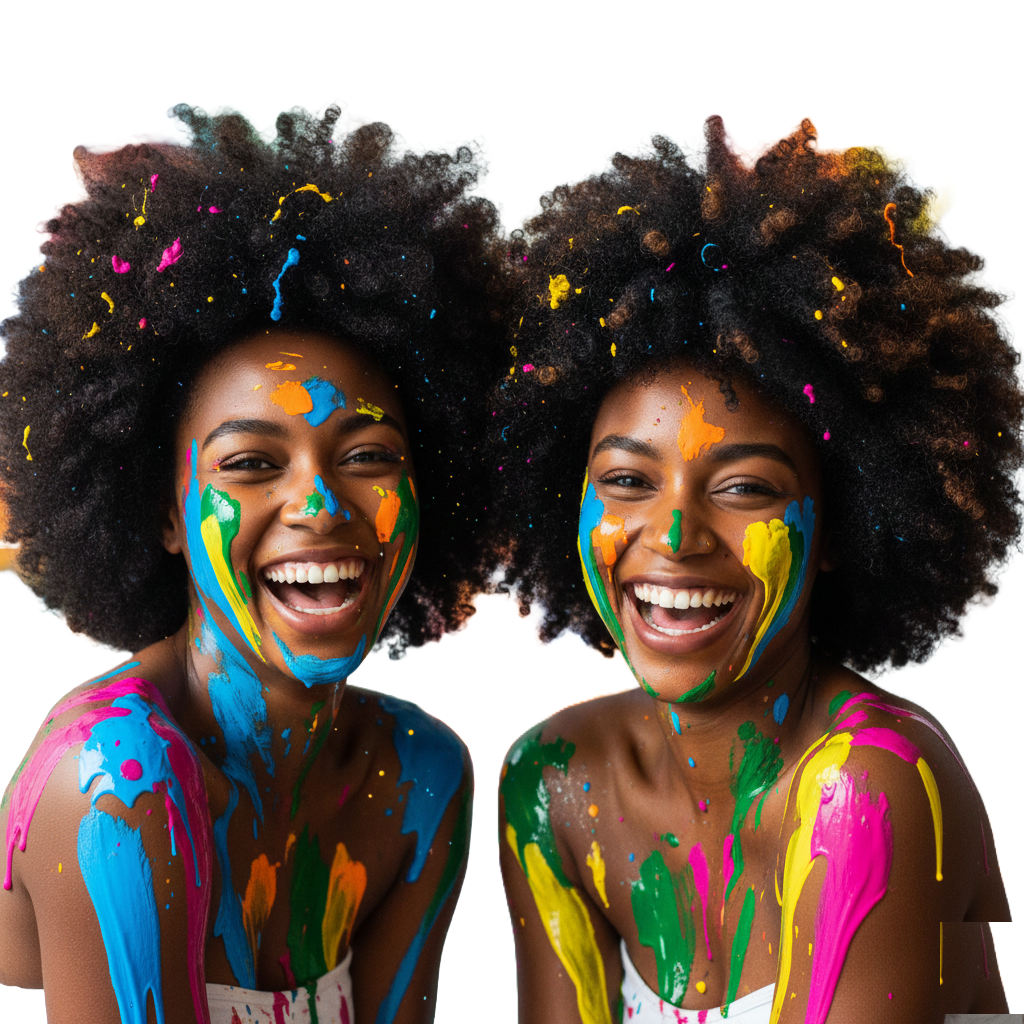 Two artists covered in paint